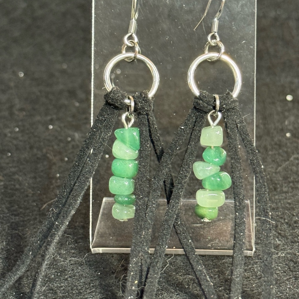 Elegant Handmade Green Aventurine Stone Earrings with Black Faux Suede Tassels